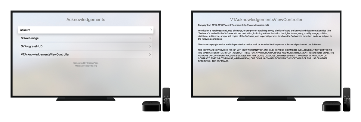 VTAcknowledgementsViewController Apple TV screenshots