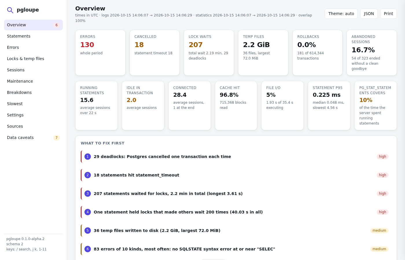 The overview of a pgloupe report