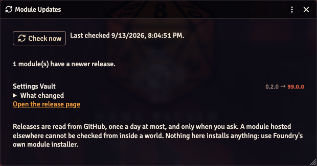 The Module Updates window. A Check now button, the time of the last check, and one module listed with its installed version, the newer version, the release notes and a link to the release page.