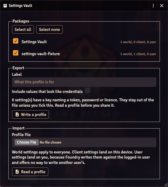 The Settings Vault window. A list of packages with a tick box each, an export section with a label field, and an import section with a file picker.