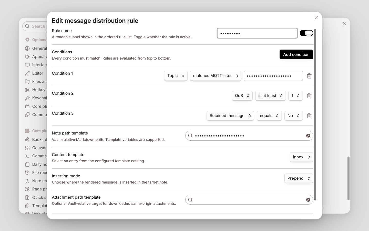 MQTT Sync message distribution rule editor