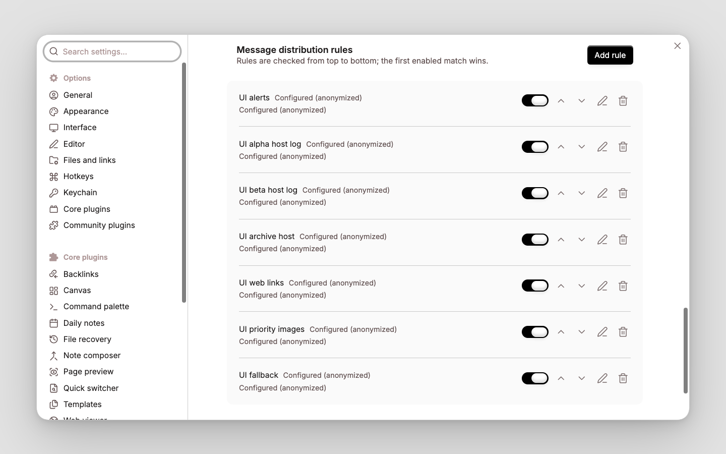 MQTT Sync message distribution rule list