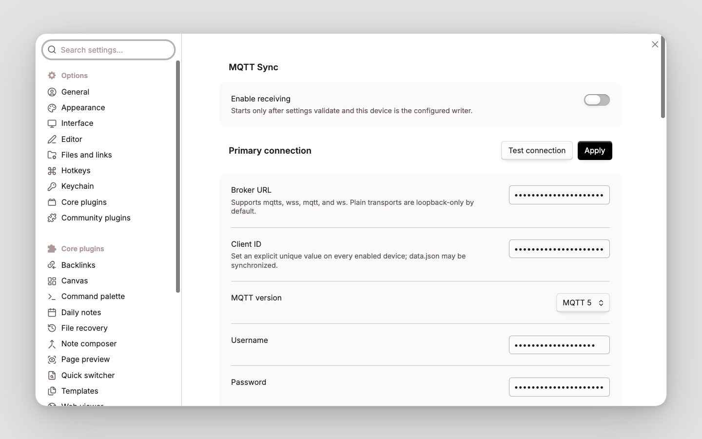 MQTT Sync general settings