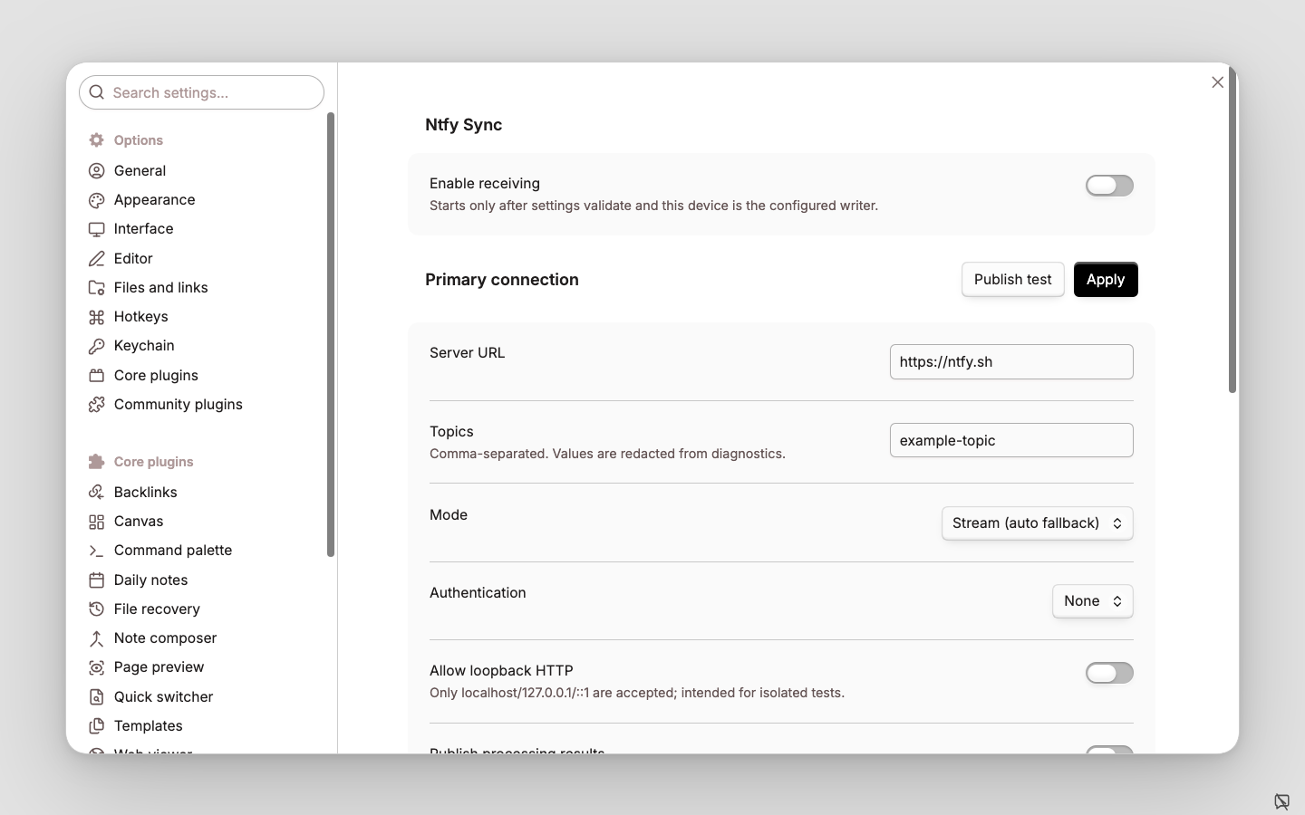 Ntfy Sync general settings