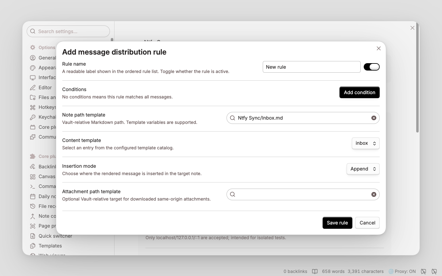 Ntfy Sync message distribution rule editor