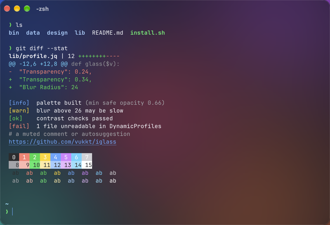 iglass Frosted in iTerm2, dark