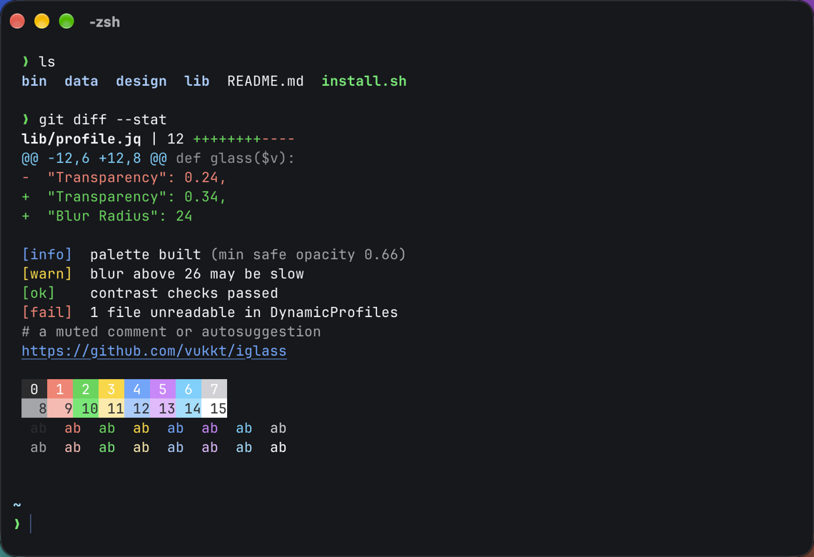iglass Solid in iTerm2, dark