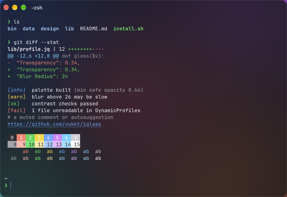 iglass Tinted in iTerm2, dark