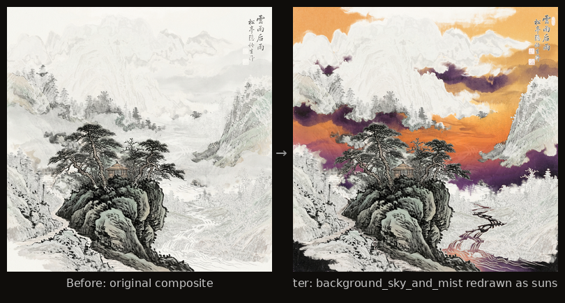 Before vs after: sky redrawn as sunset, mountains untouched