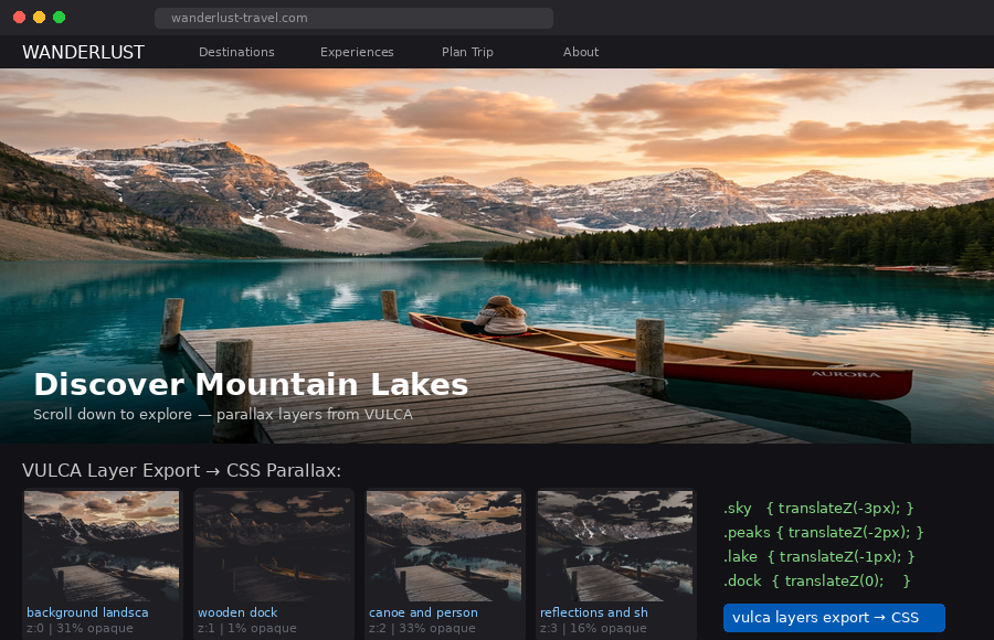 Travel website with VULCA layer export for CSS parallax