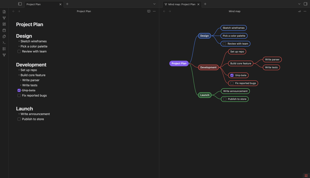 Demo: reordering and reparenting nodes by drag & drop, checking off a task, and renaming a node - all saved back to the Markdown file live