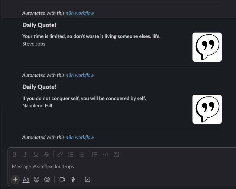 Slack message delivered by an n8n workflow