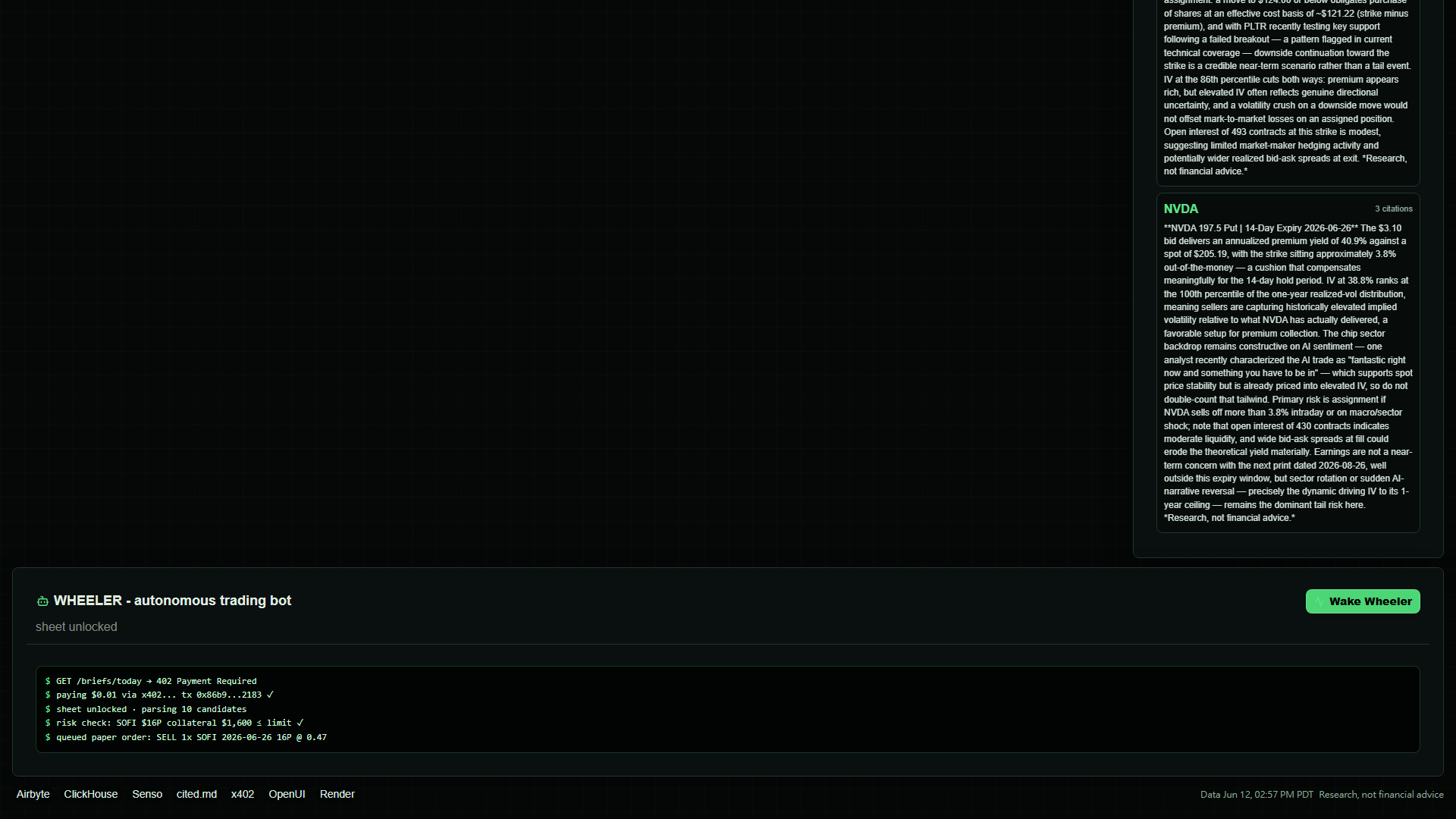 Wheeler pays $0.01 and queues a trade