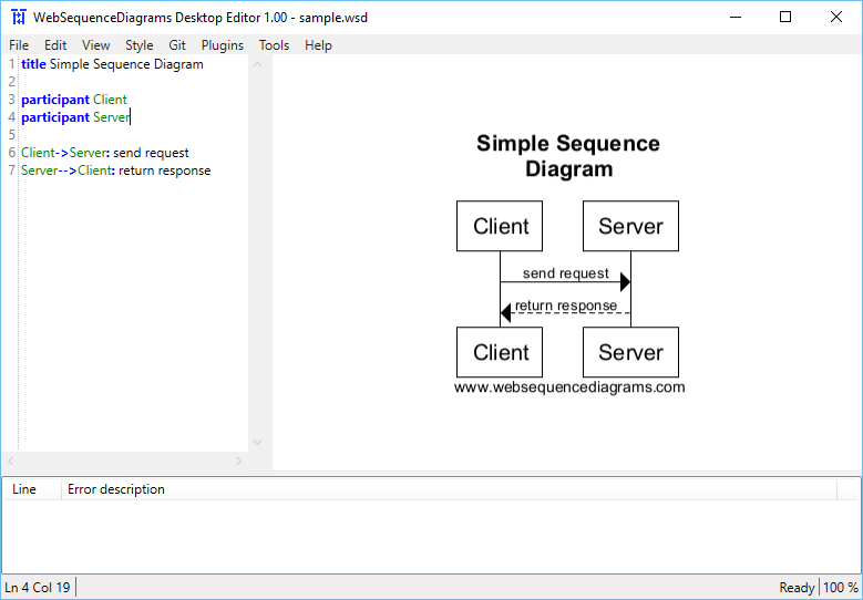 Screenshot of WebSequenceDiagrams.com Desktop Editor