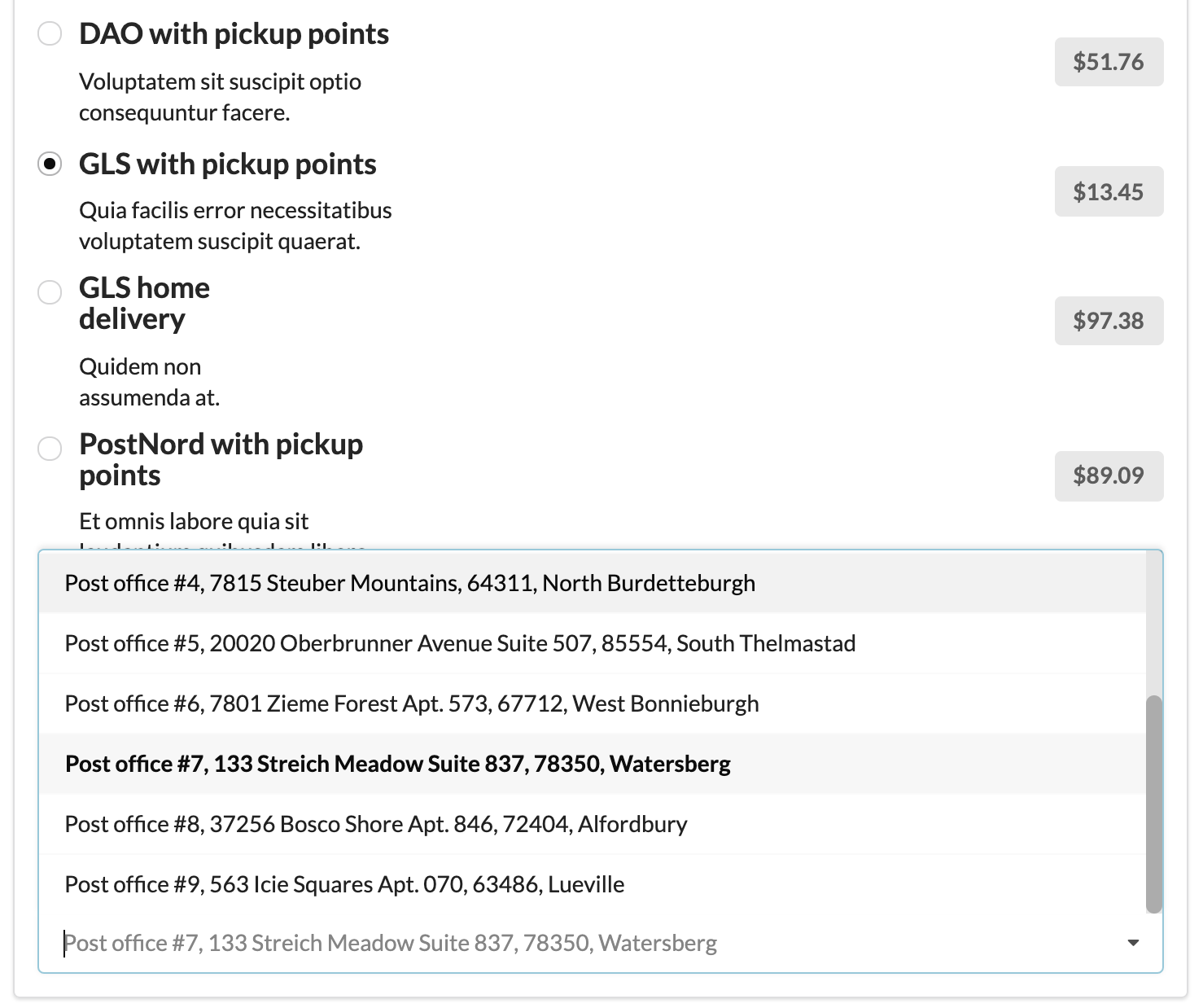 Screenshot showing checkout select shipping step with pickup points available