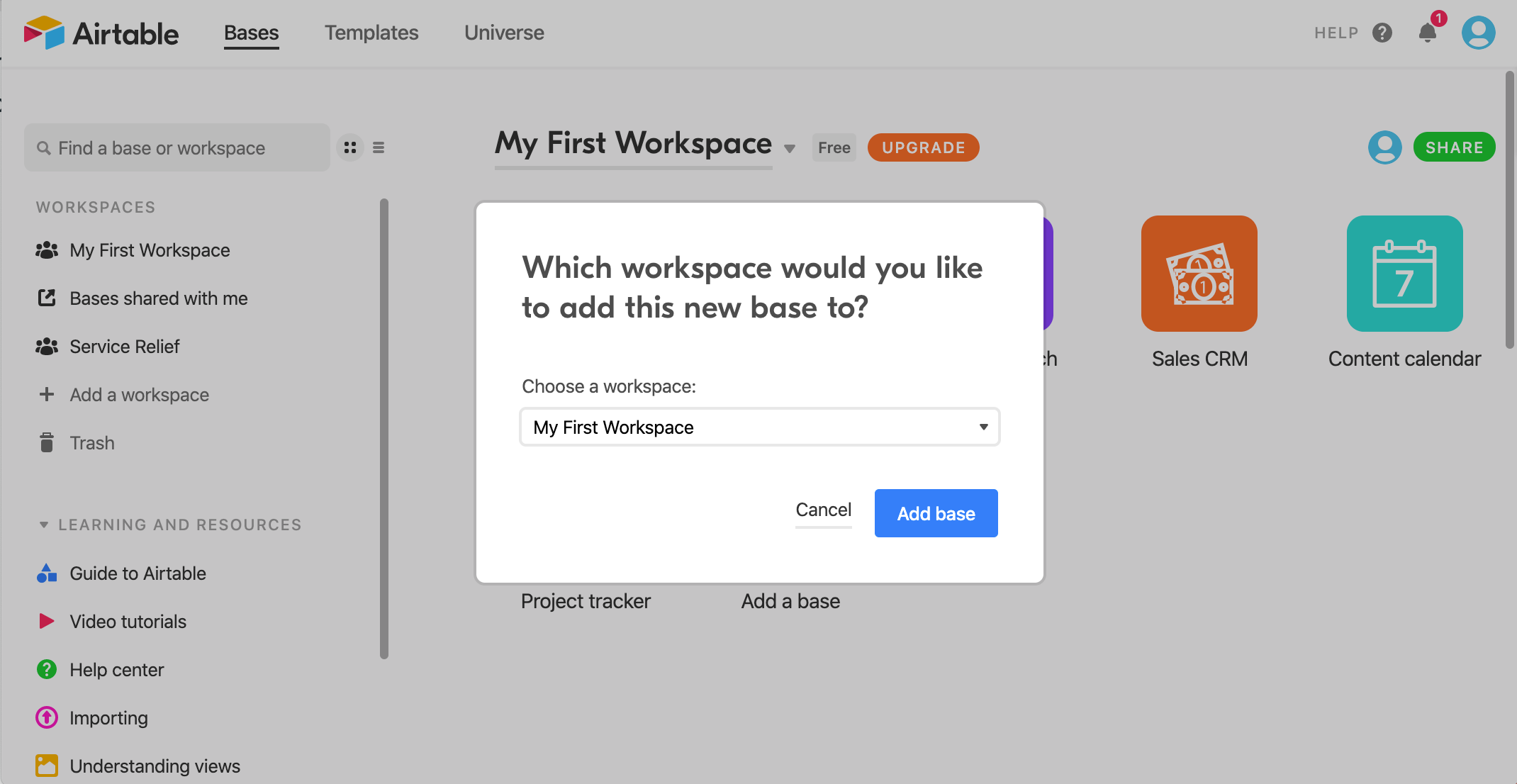 Workspace showing bases in Airtable