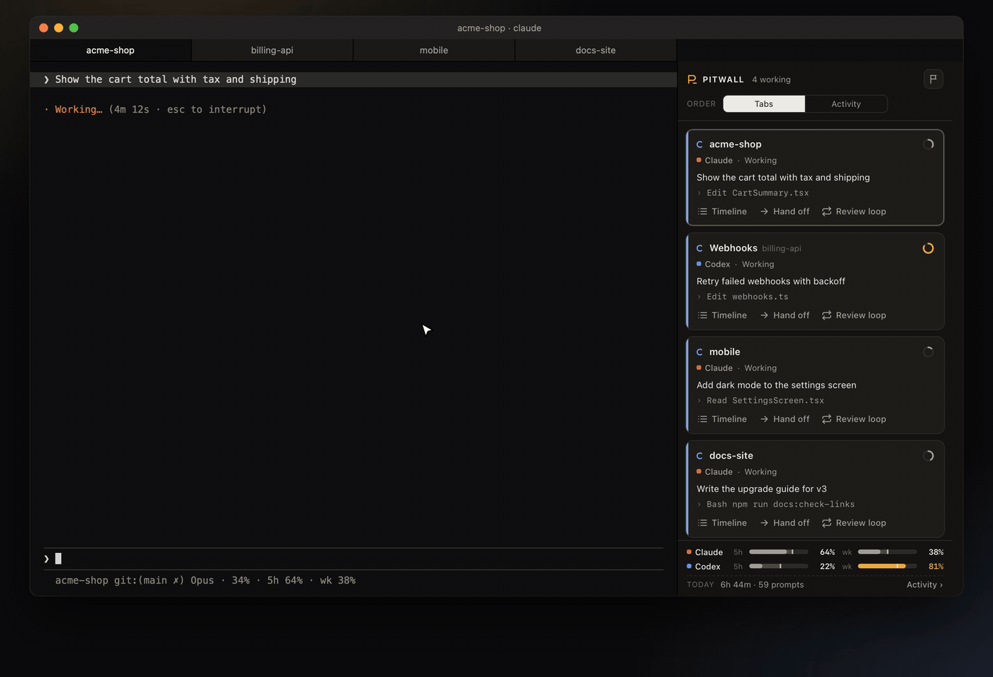 Pitwall in iTerm2, 30 seconds: four agents in four tabs with the Pitwall panel on the right. Allow a permission from the panel, answer a question on a card, the code map of the active tab, hand off to Codex, stop the process that holds a busy port, jump to a finished agent's tab, and the plan limit bars