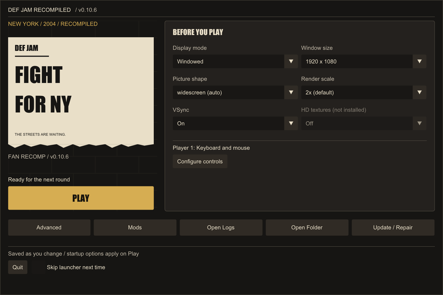 New launcher Home screen with quick display settings and Advanced, Mods, logs, folder and Update / Repair buttons