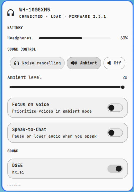 Sony Headphones panel using a light theme