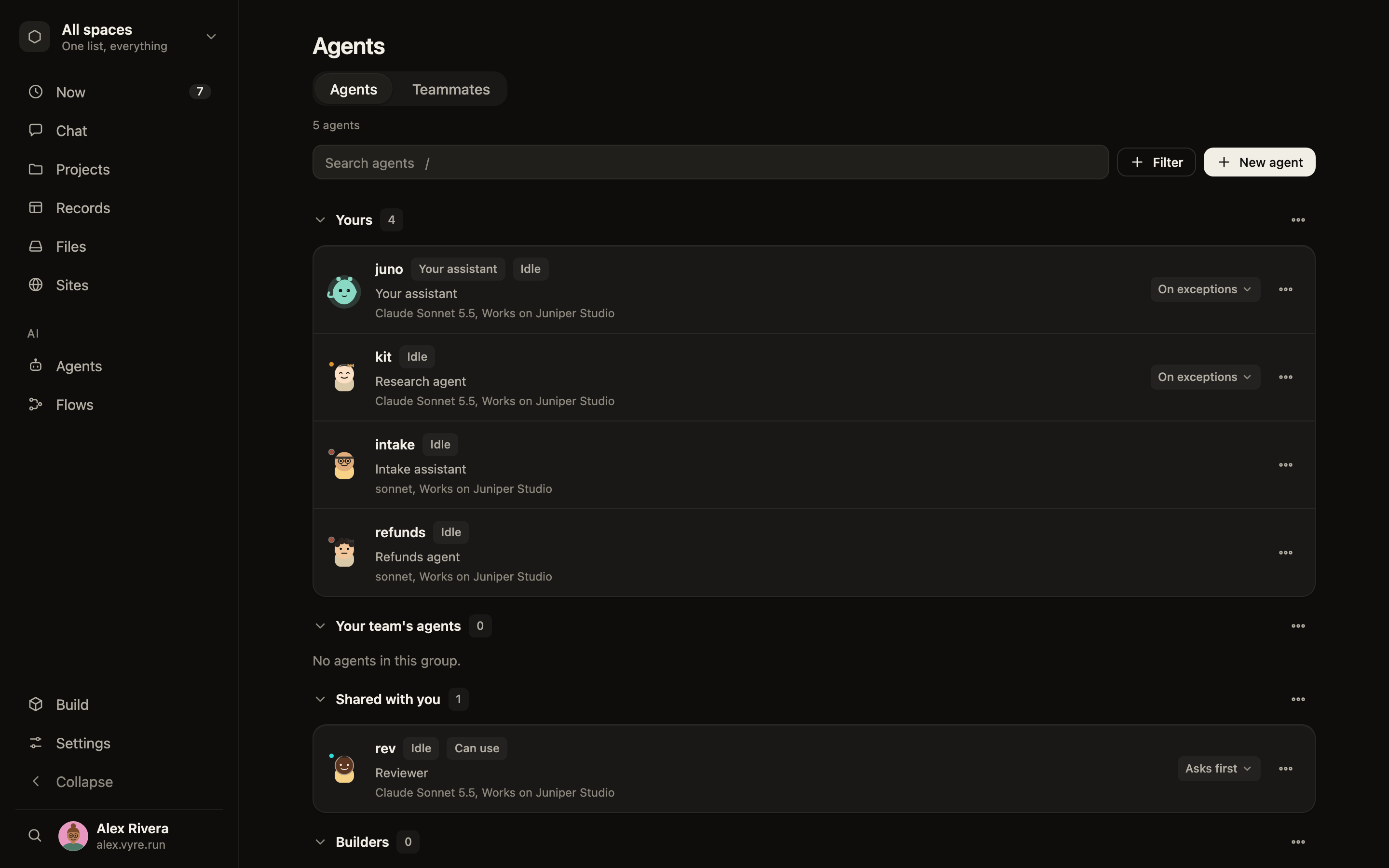 The Agents screen with each agent's role and projects.