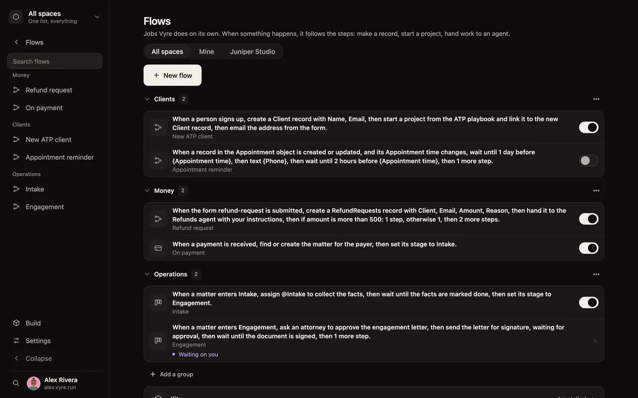Flows grouped by area, each written as a plain sentence, with a run page that shows every step.