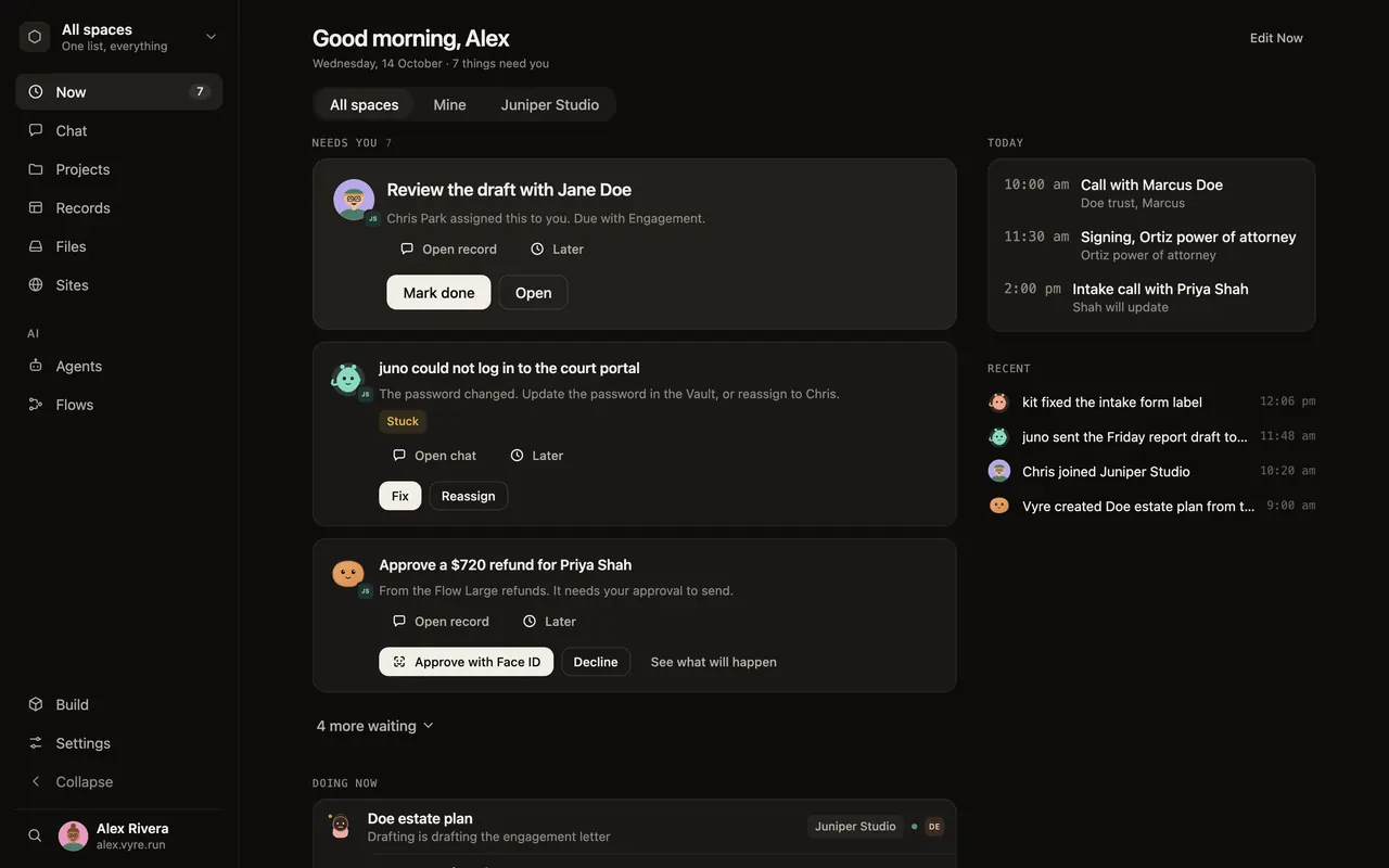 The Now screen in Vyre: what needs you today, agents that are stuck and why, approvals waiting with their exact words, and what agents are doing now.