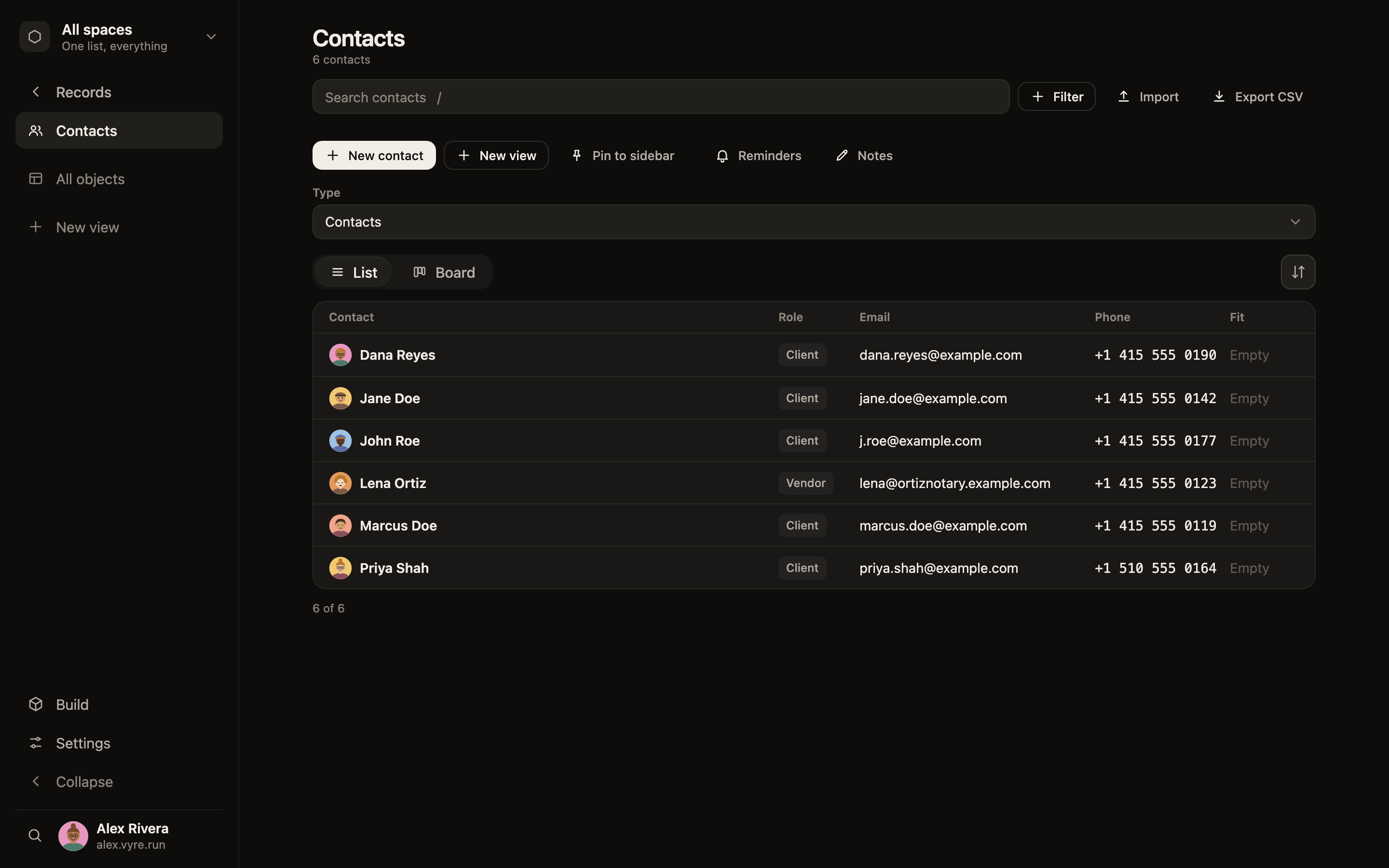 A Records list of contacts with their fields.