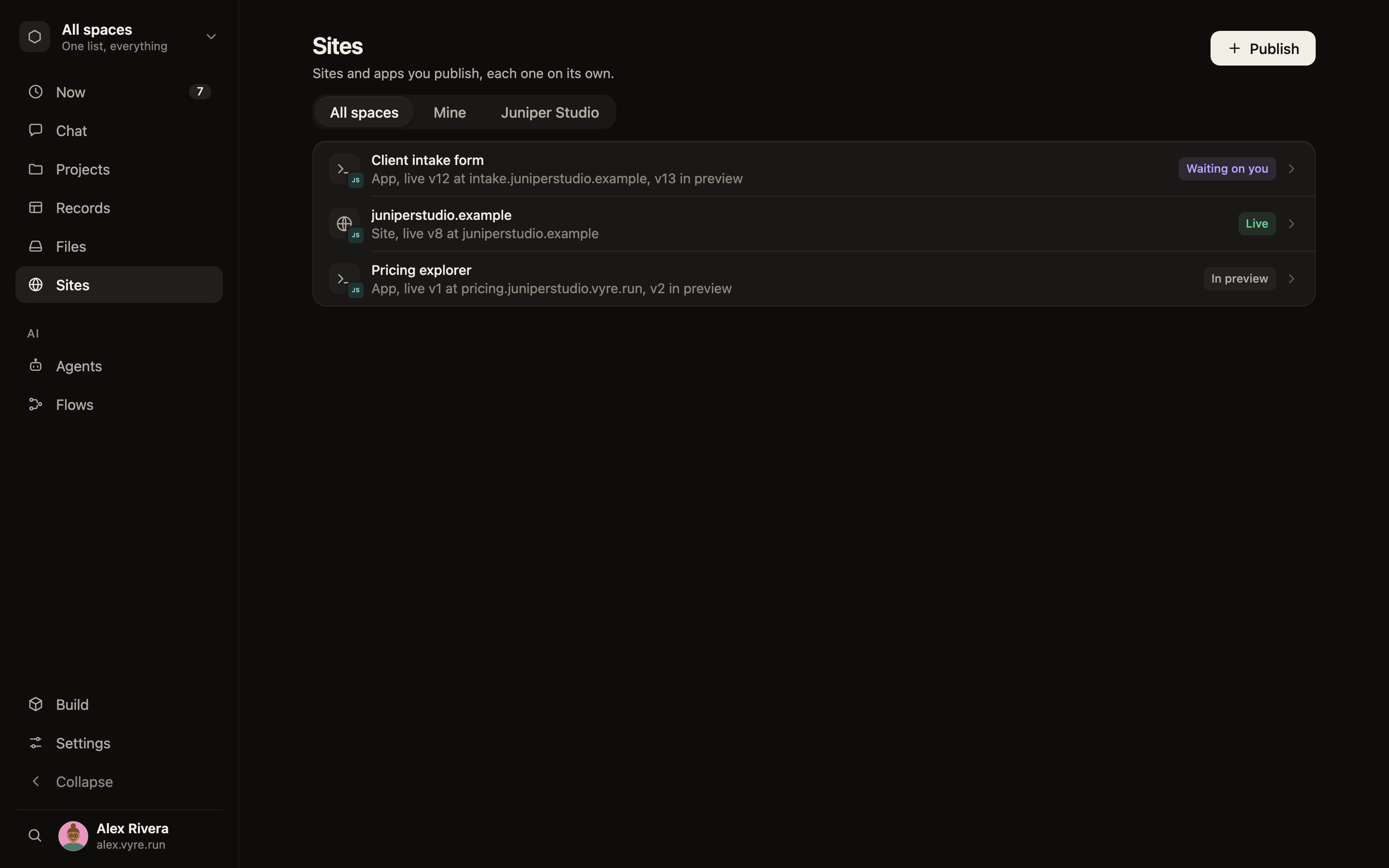 Sites with versions, a preview address and a domain.