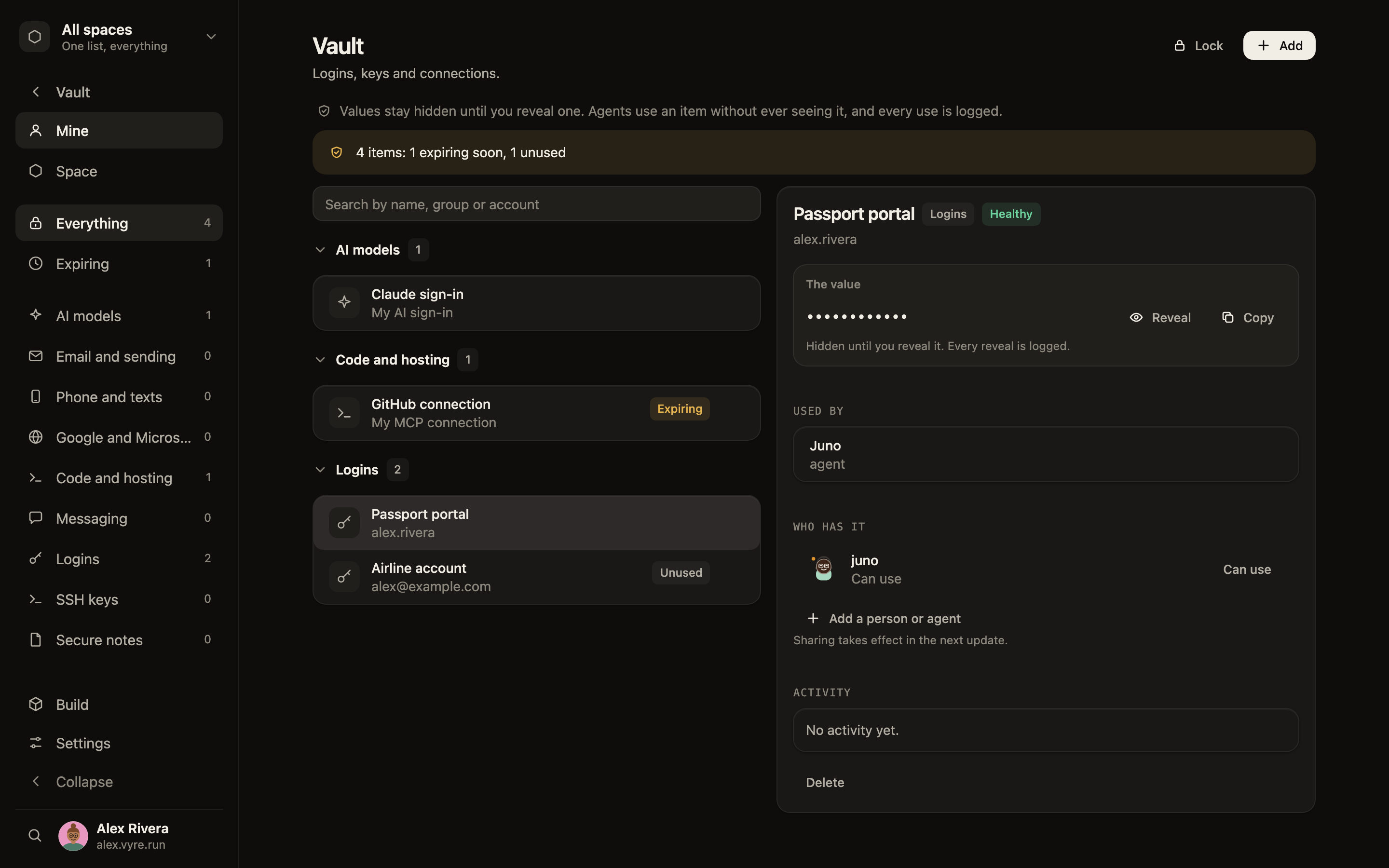 The Vault with a login an agent can use without seeing the value.