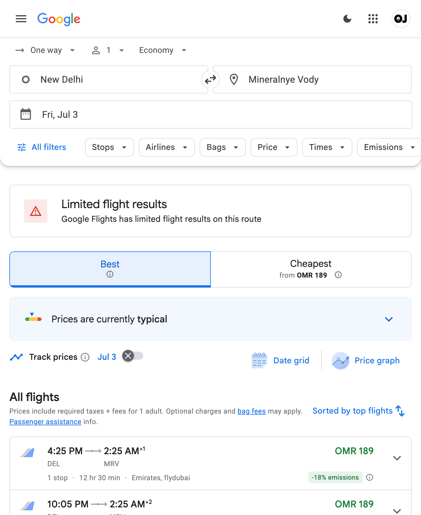DEL to MRV via DXB, depart Fri 3 Jul 2026