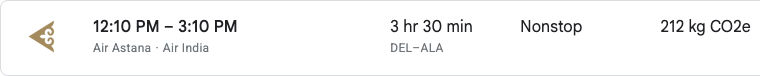 Air Astana DEL to ALA, nonstop, Fri 26 Dec
