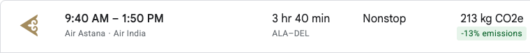 Air Astana ALA to DEL, nonstop, Fri 1 Jan