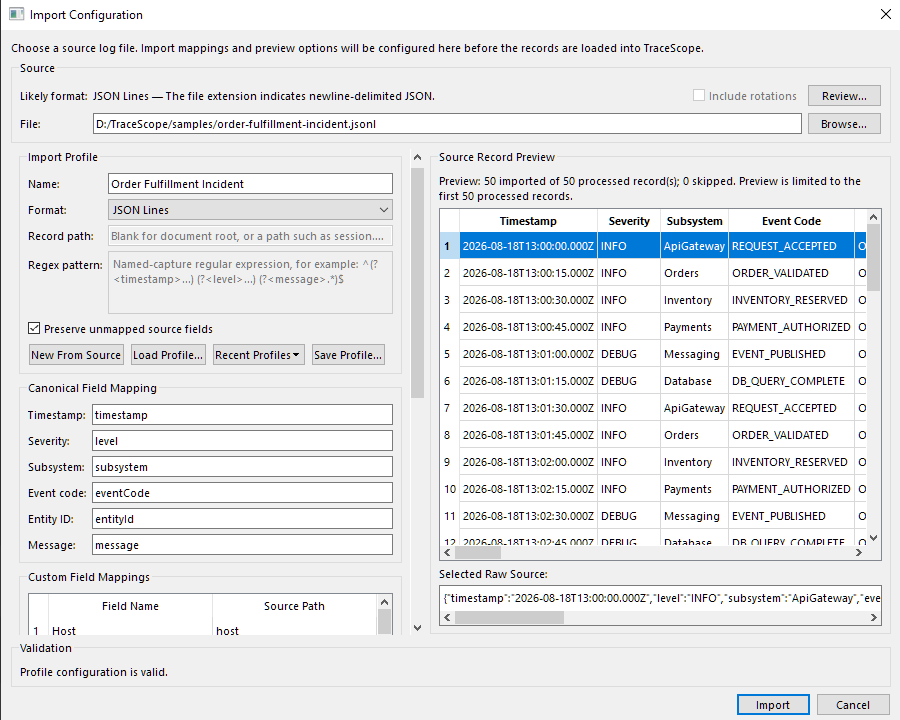 TraceScope import configuration