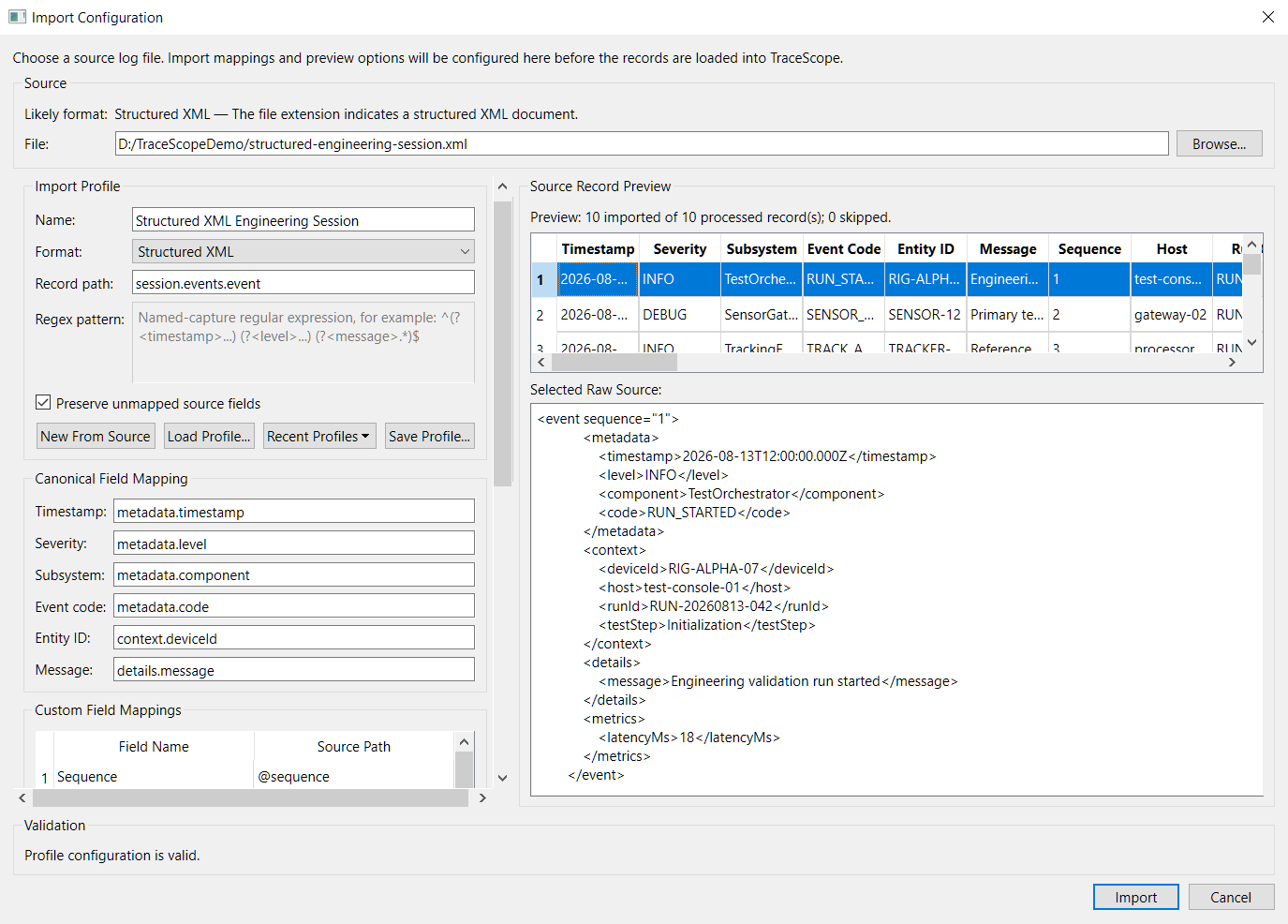 TraceScope Import Configuration