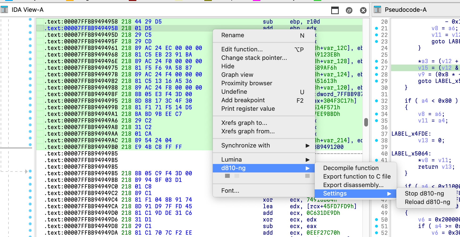 "Disassembly context menu"