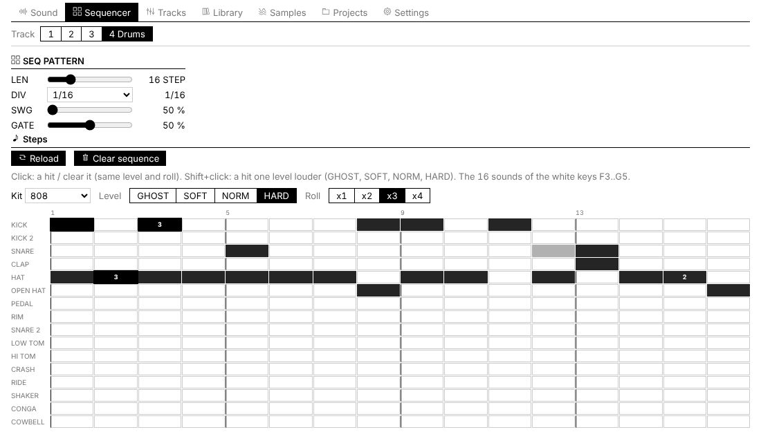 Optimist web editor showing the drum track step sequencer grid