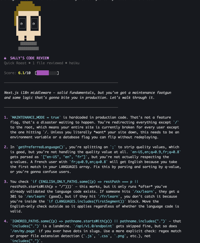 Sally code review with score and issues