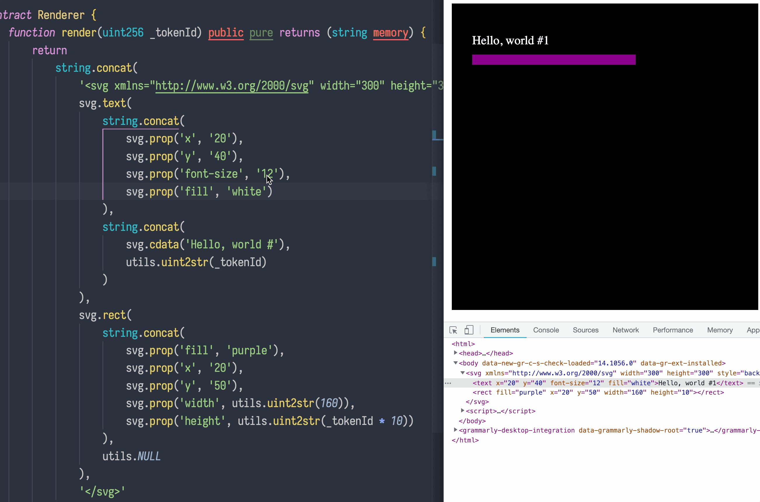 Demo of hot-chain-svg. The user is editing a Solidity file, and as they save it the resulting SVG is updated
