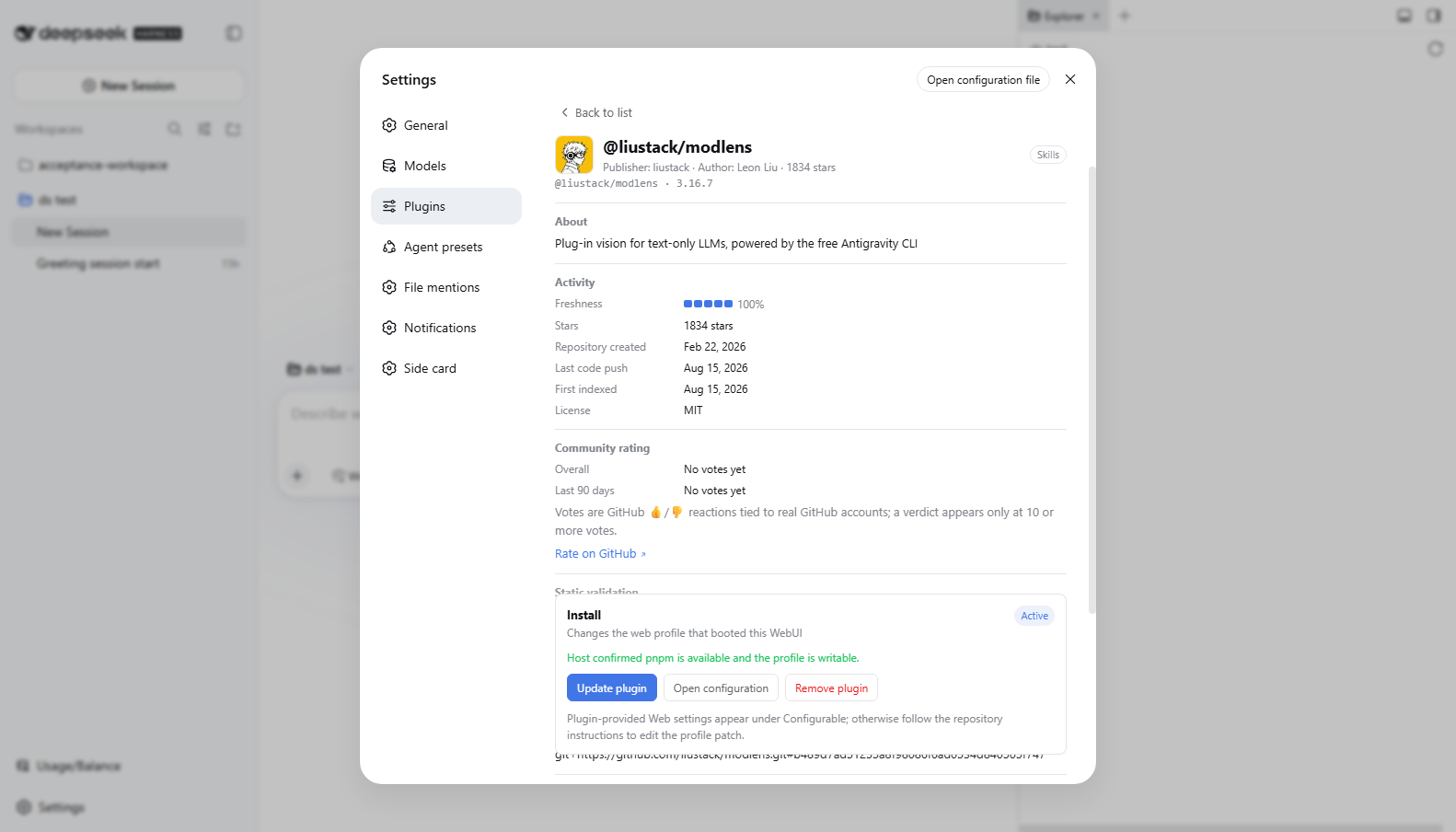 Plugin detail page: description, freshness and activity evidence, community rating, and a capability-checked install panel