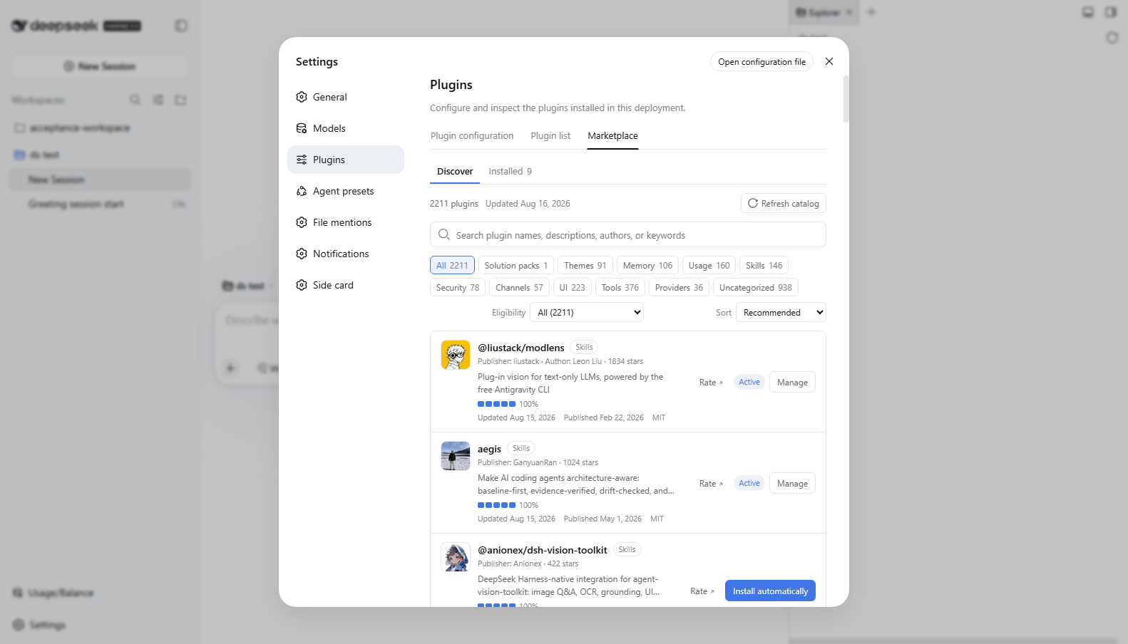 DSH Settings with the Marketplace tab open: 2,211 plugins across nine categories, with search, freshness meters, and a rating link on every row