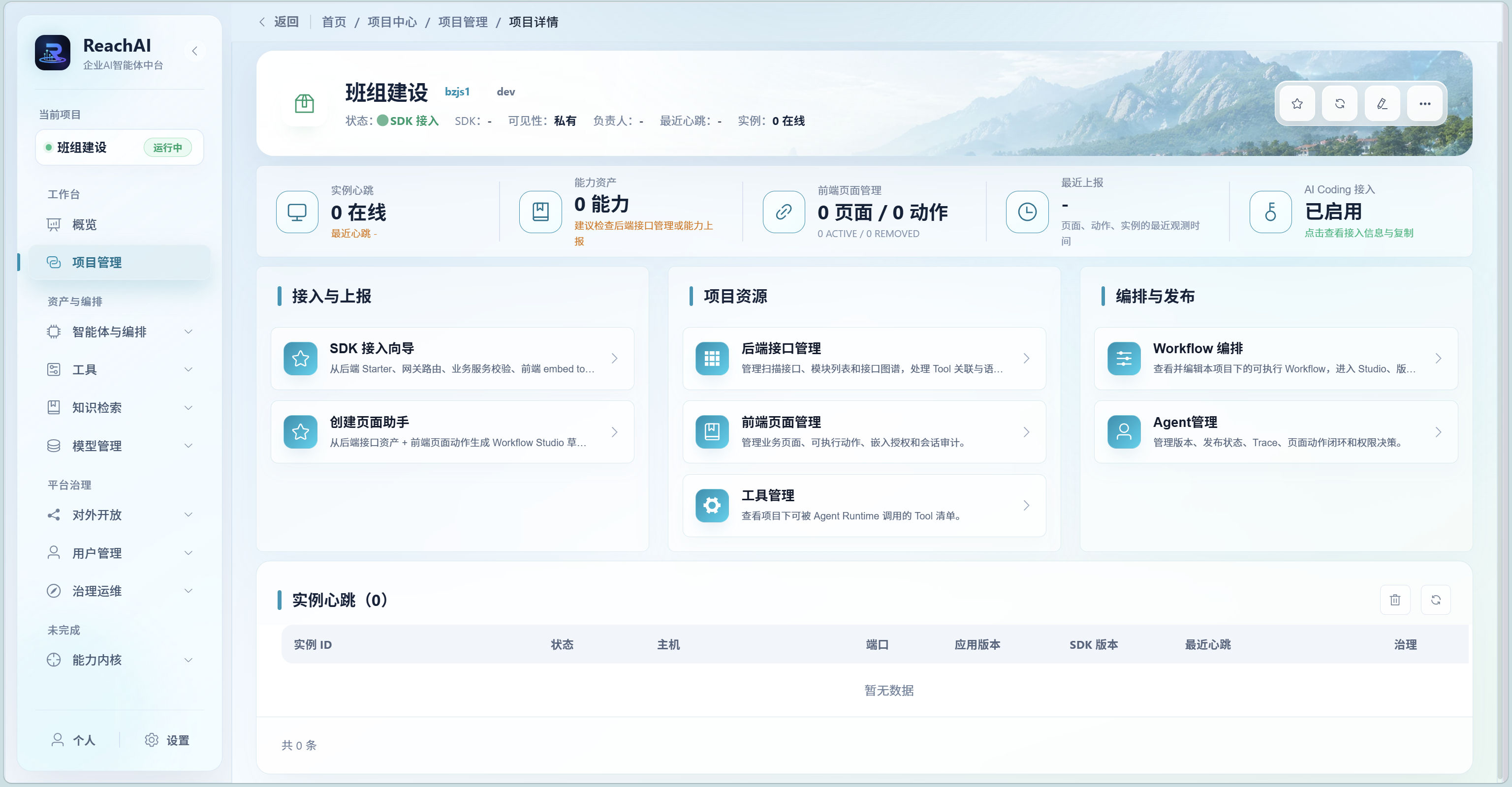 ReachAI 프로젝트 상세 화면에서 SDK 접속, Backend·Frontend·Tool 관리, Workflow·Agent 관리와 인스턴스 상태를 한곳에 배치한 관리 콘솔입니다.