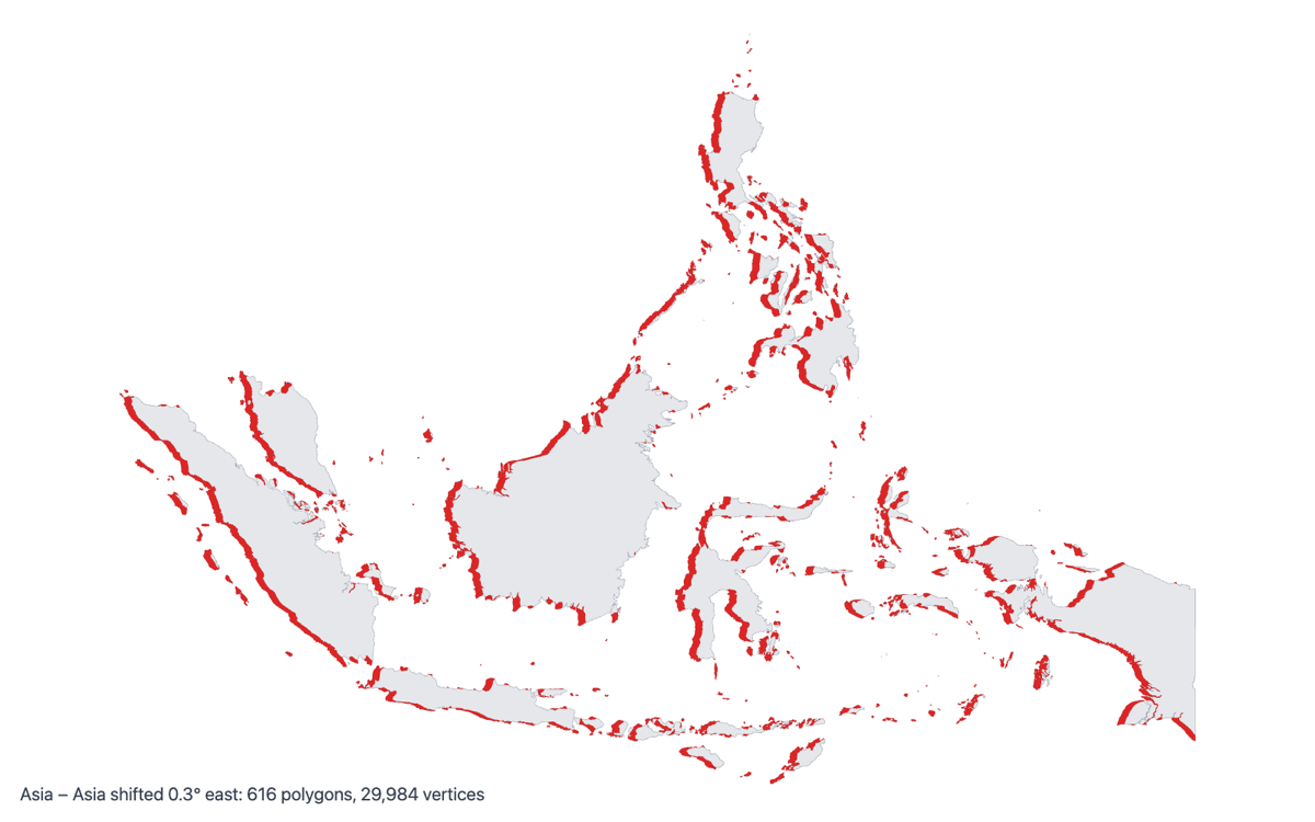 Asia minus a copy of itself shifted 0.3° east: land in grey, the difference in red