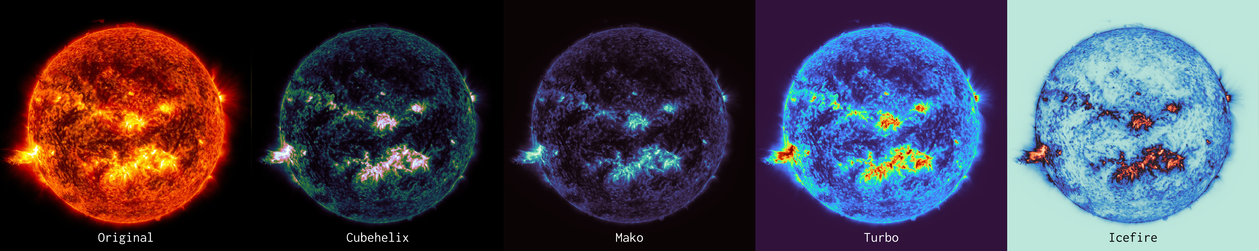Heatmap of the sun using perceptually uniform colourmaps from Unicolour.Datasets, created with Unicolour