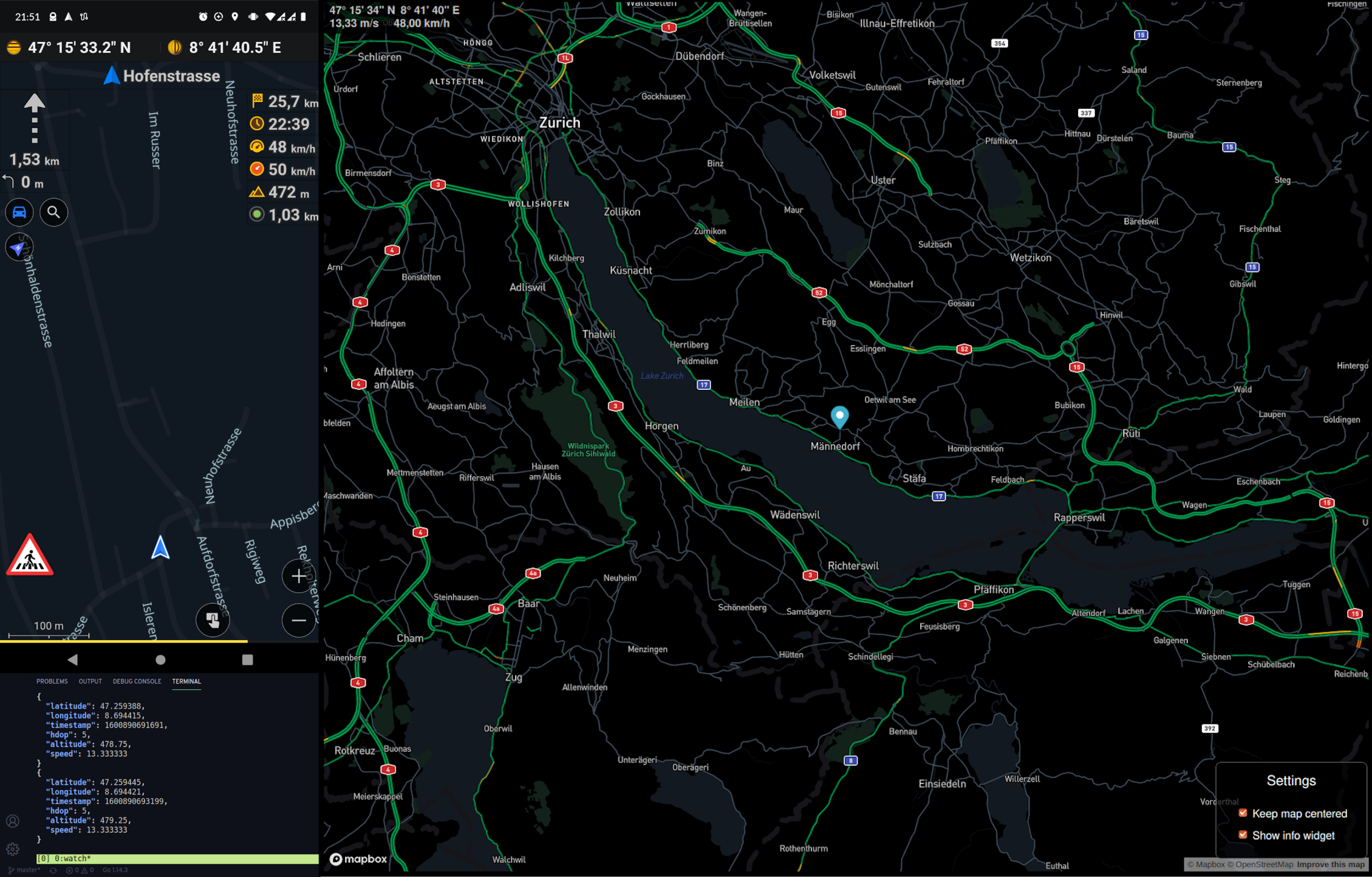 OsmAnd with activated live tracking and the corresponding console output from the back-end