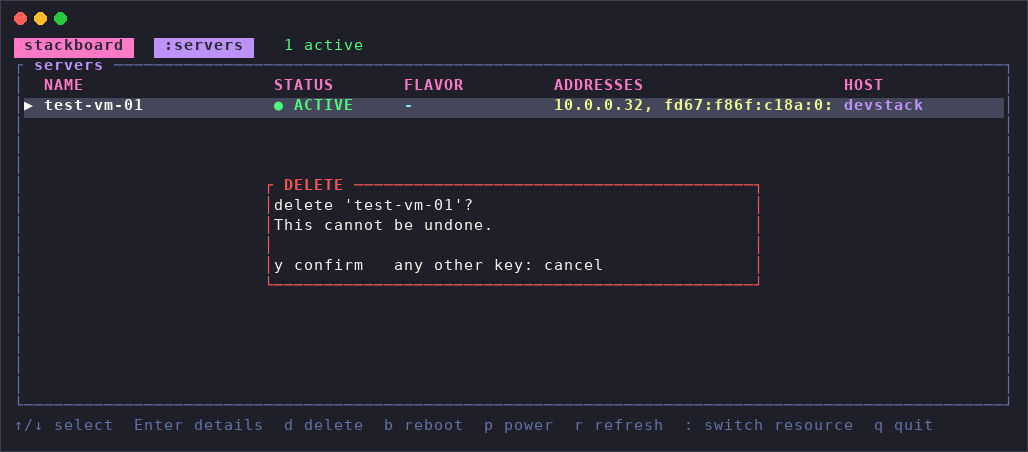 stackboard's delete confirmation popup, red-bordered, naming the exact server and warning it can't be undone