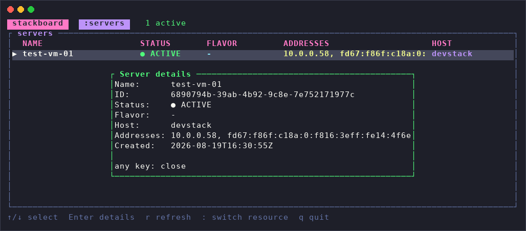 stackboard's server detail popup, its border colored to match the server's status