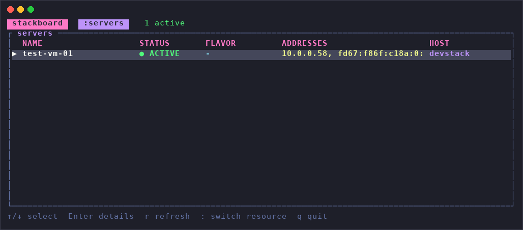 stackboard's server list, colored by status, with live counts in the header