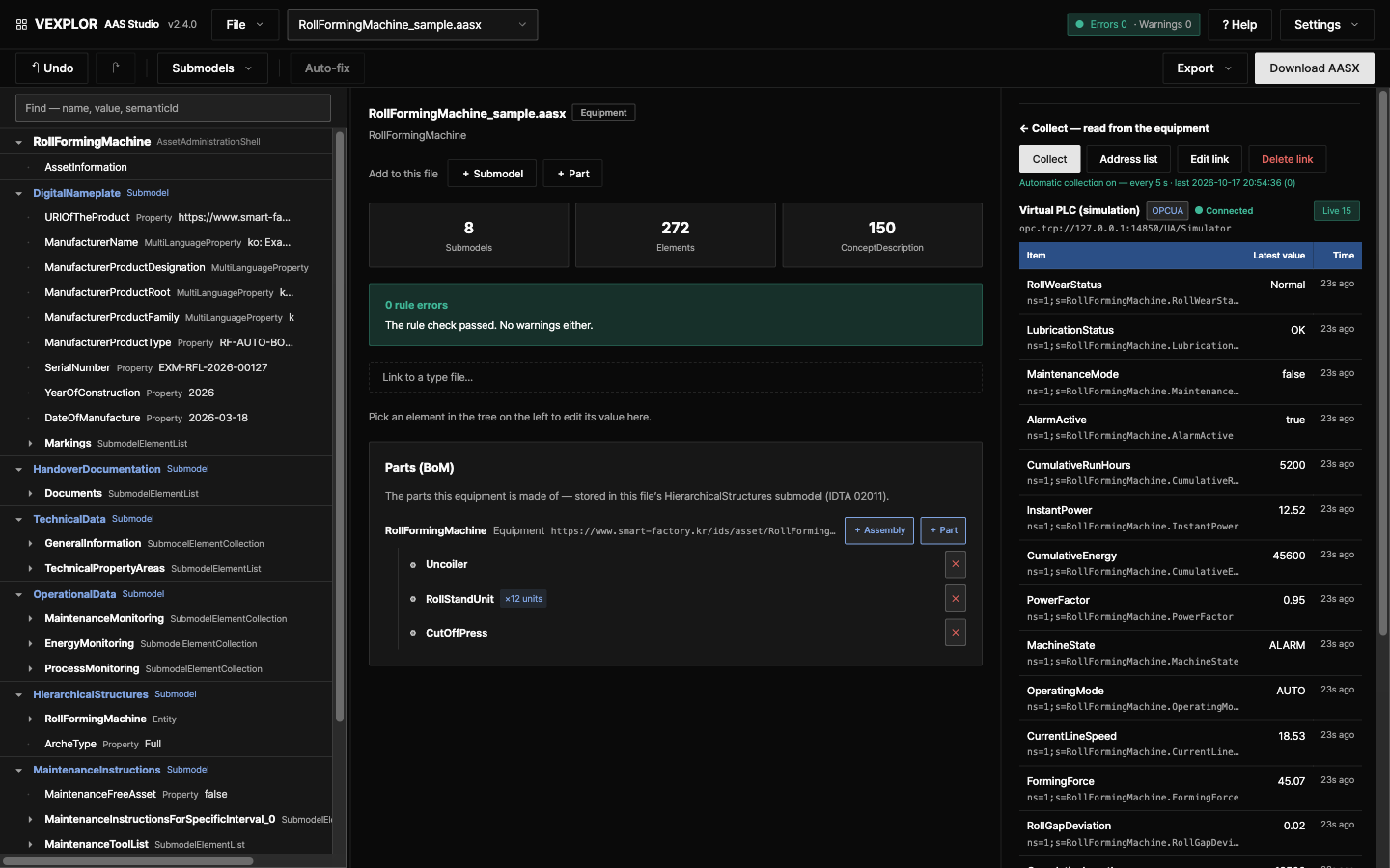 VEXPLOR AAS Studio — tree, summary and live collection on one screen