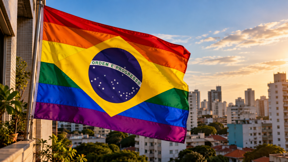 Bandeira do Brasil com as cores do arco-íris no lugar da área verde astiada numa janela. Ao fundo, uma cidade.