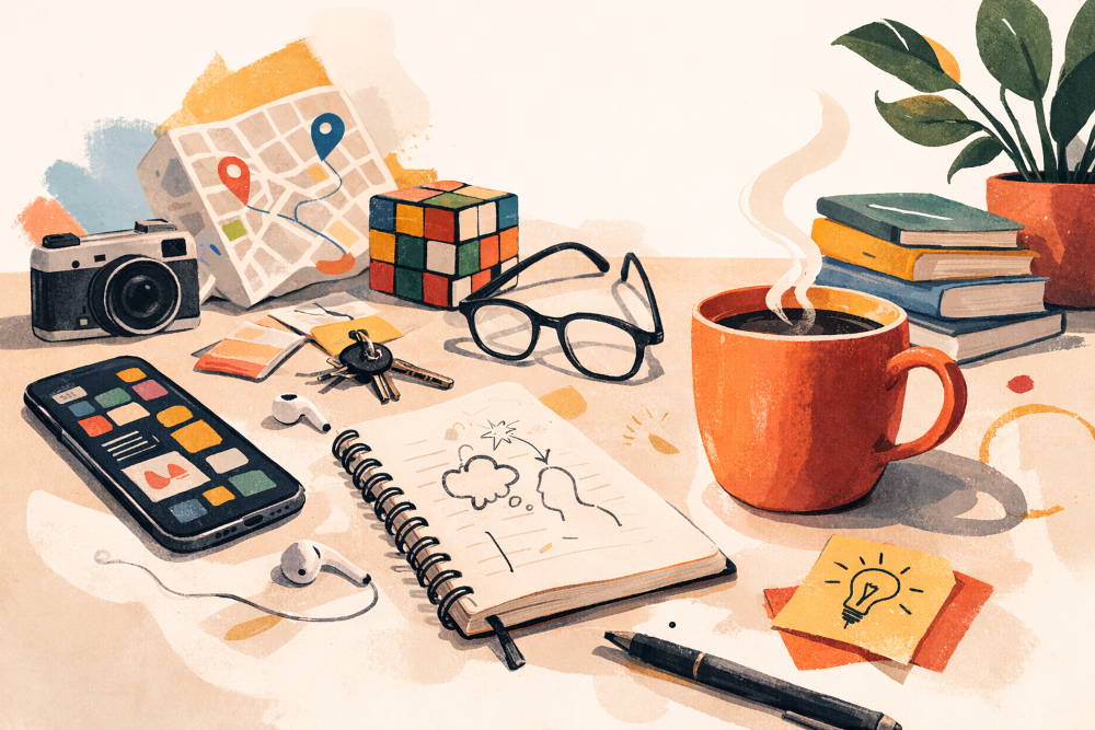 Ilustração de uma mesa com objetos do cotidiano e criatividade: smartphone, câmera, mapa com marcadores, cubo mágico, óculos, chaves, fones de ouvido, caderno aberto com desenhos, caneta, pilha de livros, planta e uma xícara de café fumegante.
